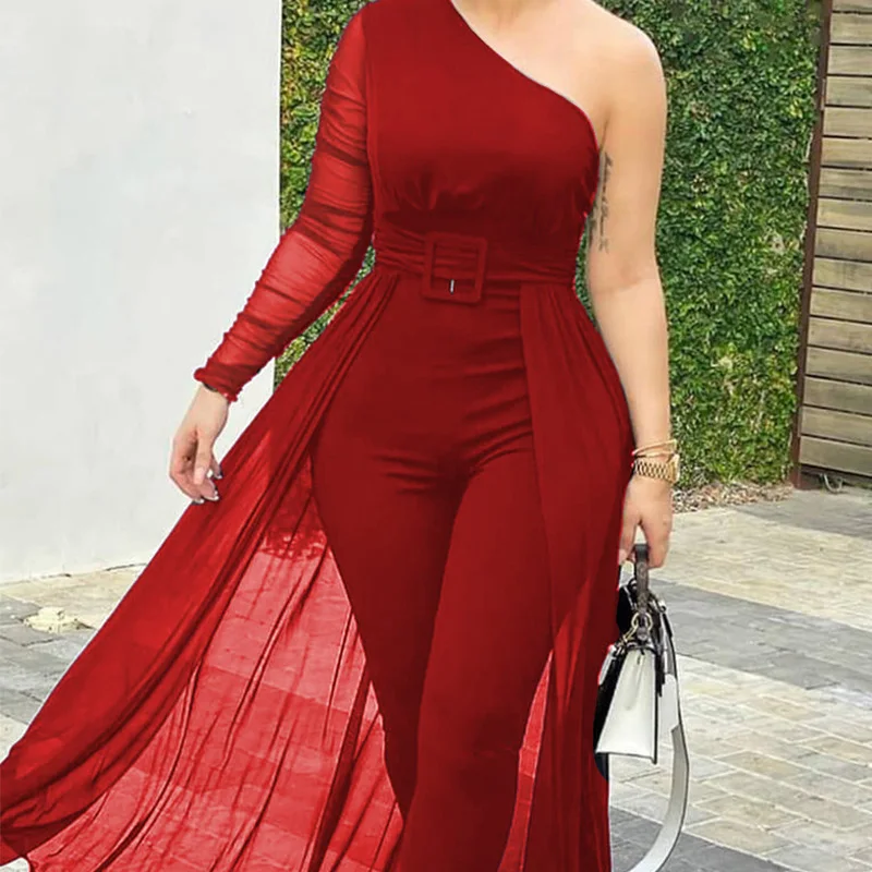Women Formal Long Romper Sheer Mesh Slinky Party Jumpsuits 2021 Fashion Playsuit Elegant Long Sleeve Solid Jumpsuit Female