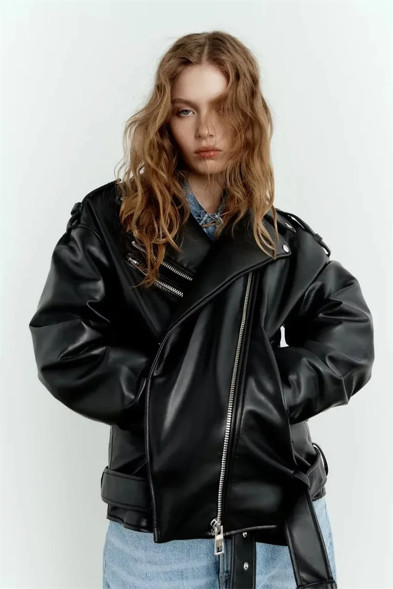 KoHuiJoo Black White Motorcycle Leather Jacket Autumn Women Turn-down Collar Short Loose PU Casual Female Oversize With Belt