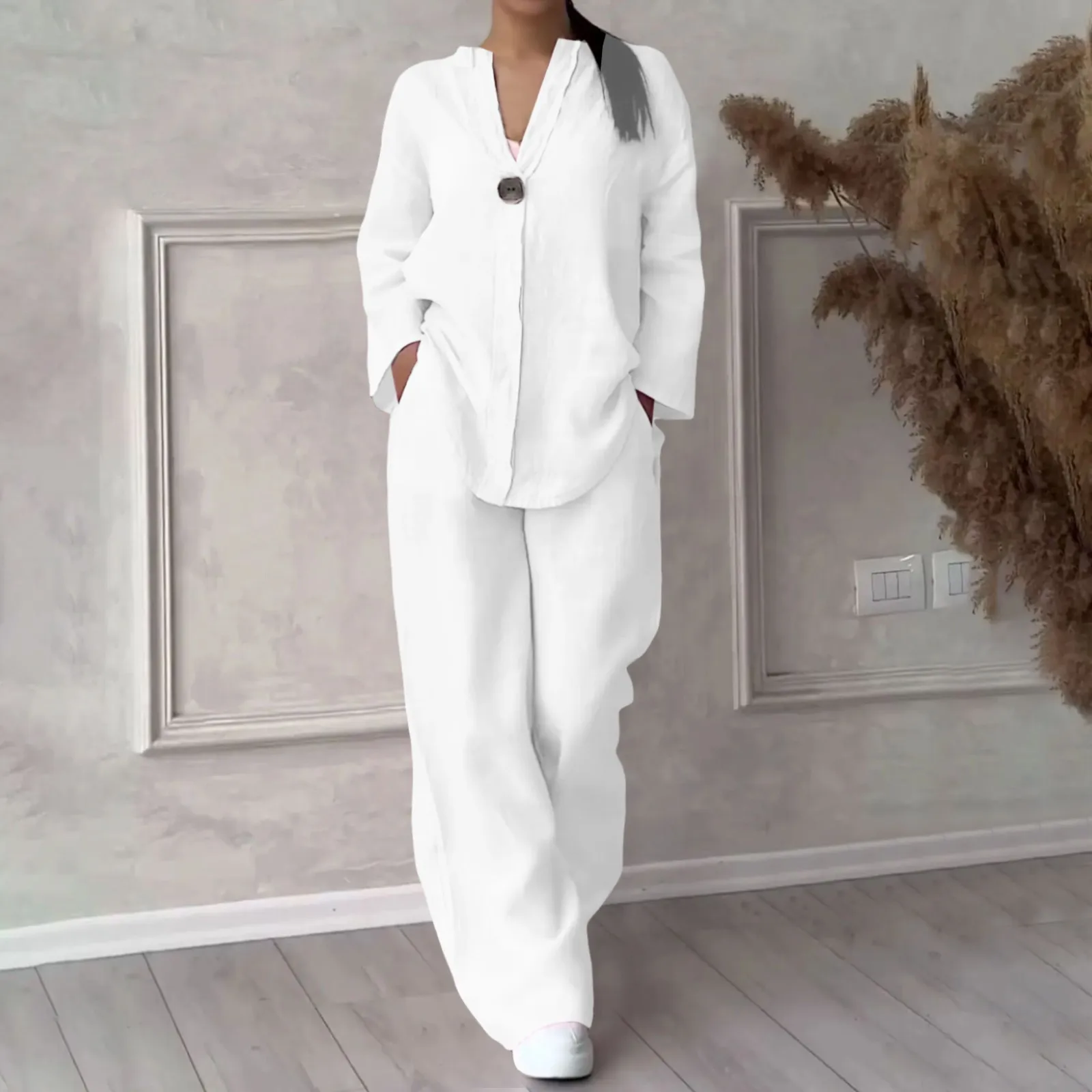 Женский Повседневный комплект из двух предметов блузка смешанного хлопка и