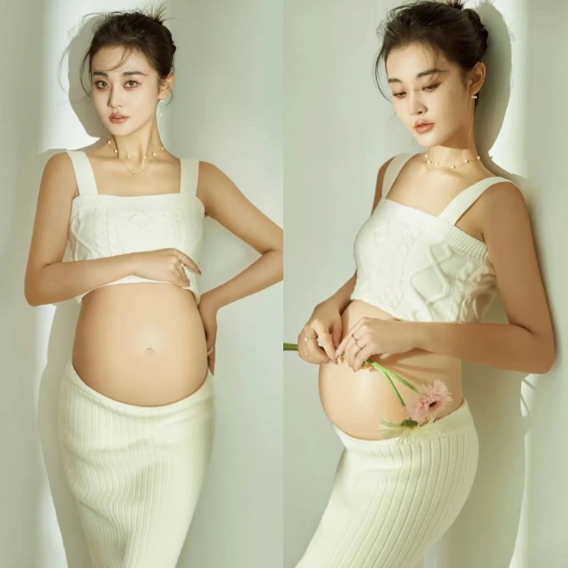 

Pregnancy Photoshoot Dress New Maternity Photography Clothing Korean Style Sexy Slim Fit White Knitted Sweater+short Skirt Suits