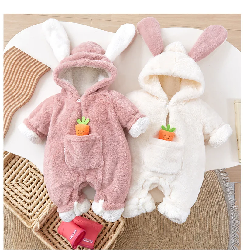 

Зима 2022, Одежда для новорожденных, Комбинезоны для маленьких девочек с меховой подкладкой, костюм с кроличьими ушками, наряд для маленьких мальчиков