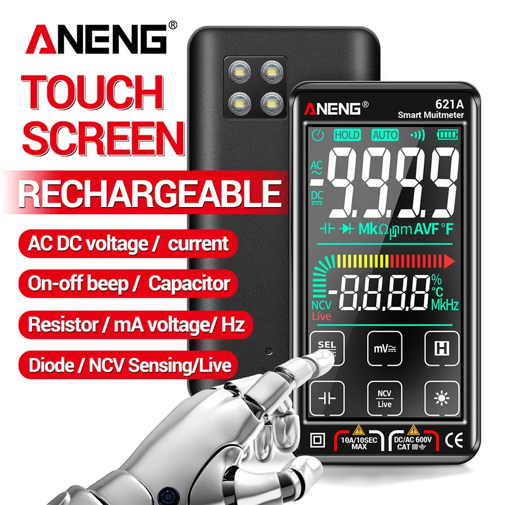 

ANENG 621A Smart Digital Multimeter Touch Screen USB charging 9999 Counts True RMS Auto Range Voltmeter temperature Test Meter