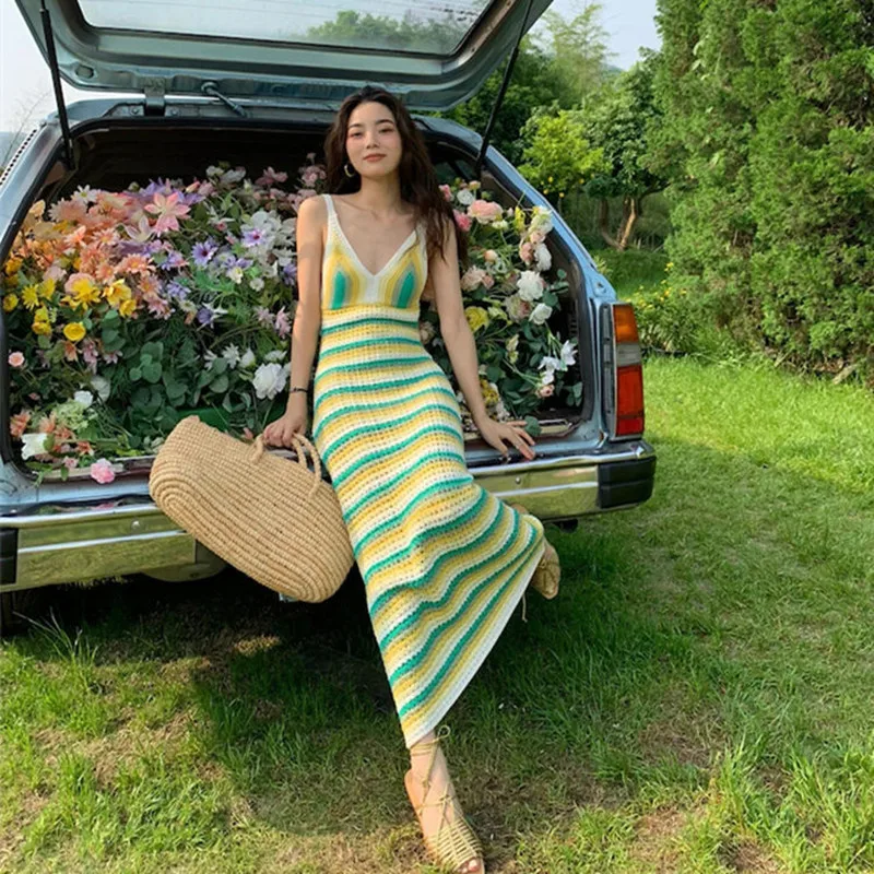 

French temperament small fresh stripes knitted suspenders dress holiday style sexy long skirt 2022 summer