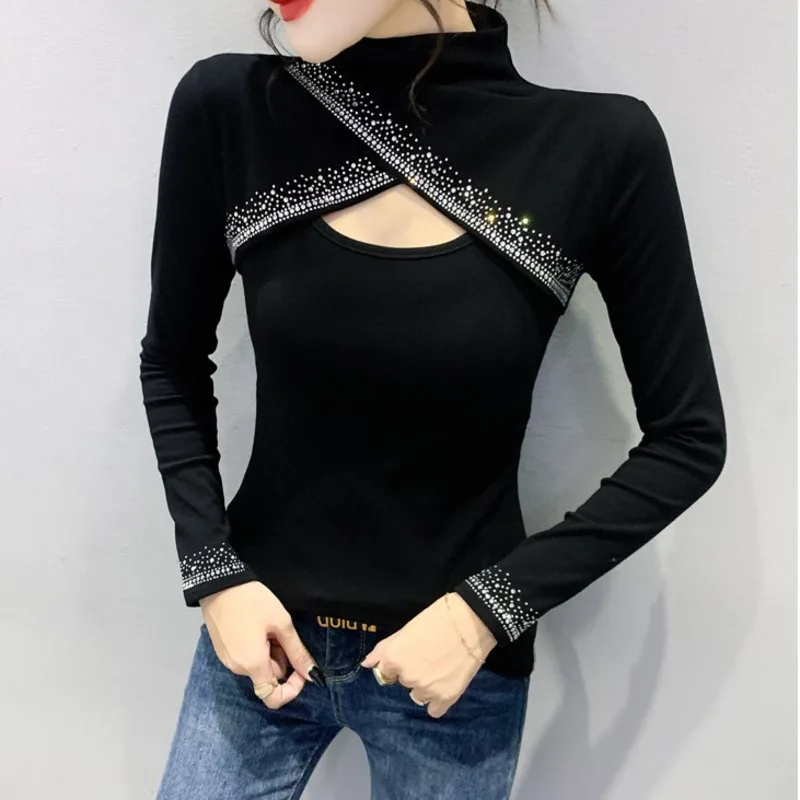 

#9506 Black Long Sleeve T Shirt Women Hollow Out With Diamonds Casual Basic T Shirt Female Half High Collar Women T-shirt Skinny