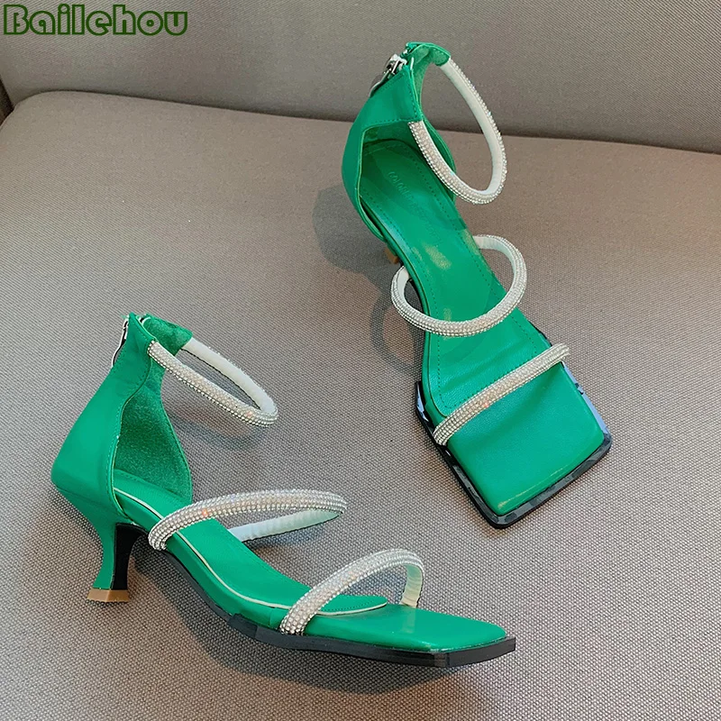 

Women Sandals 2022 High Heels Rhinestones Square Toe Thin High-Heeled Sandals Summer Shoes For Woman Pumps Party Female Shoes