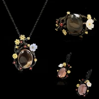 fashion black gold three piece goose egg diopside ring necklace earrings wedding party ladies jewelry flower jewelry