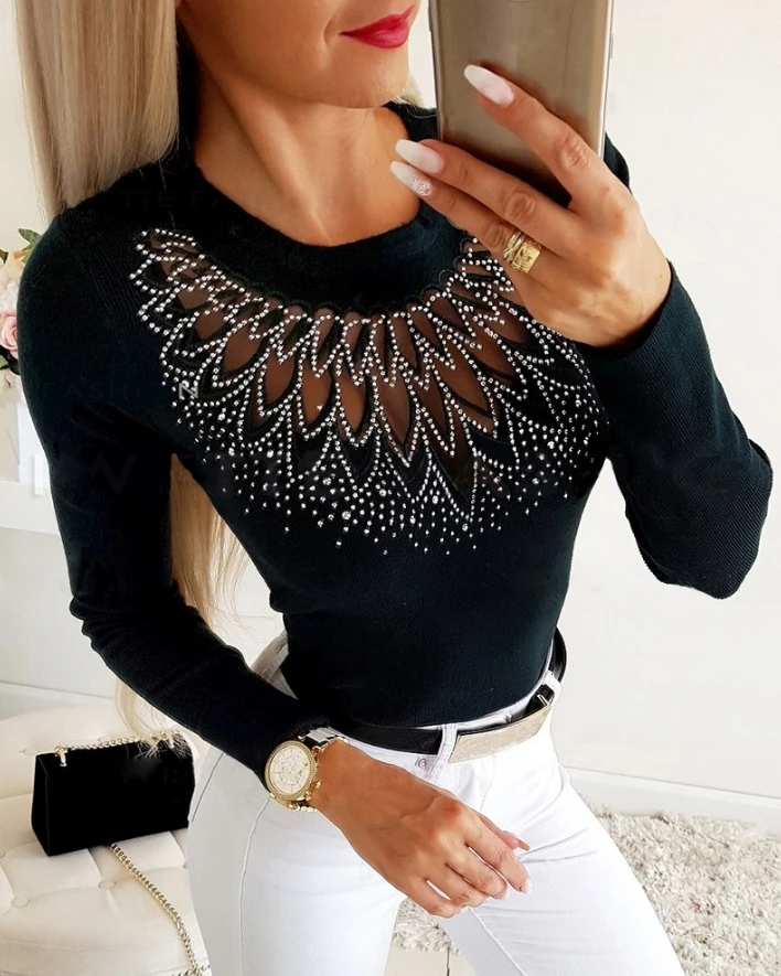 Women's Tee Tops Sexy Fashion Basic Solid Color Pullover Round Neck Rhinestone Sheer Mesh Patch Cutout Long Sleeve Skinny Top