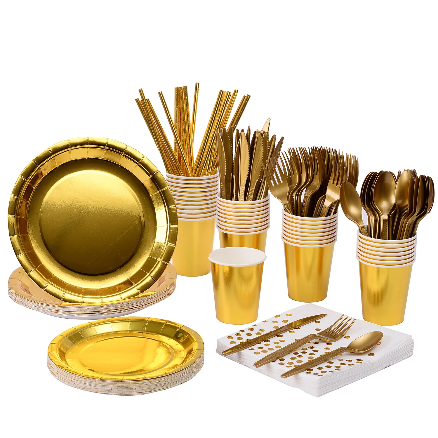 

200 PCS Gold Disposable Tableware Set,Serves 25 Party Christmas Wedding Birthday Paper Straws Napkins Plates Cups Cutlery Kit