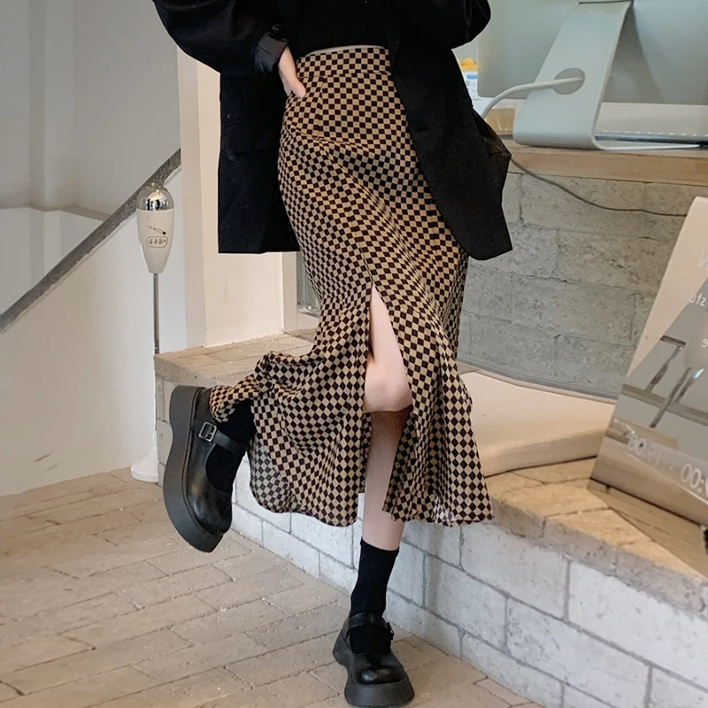 Юбка-годе Женская клетчатая с разрезом и завышенной талией | одежда