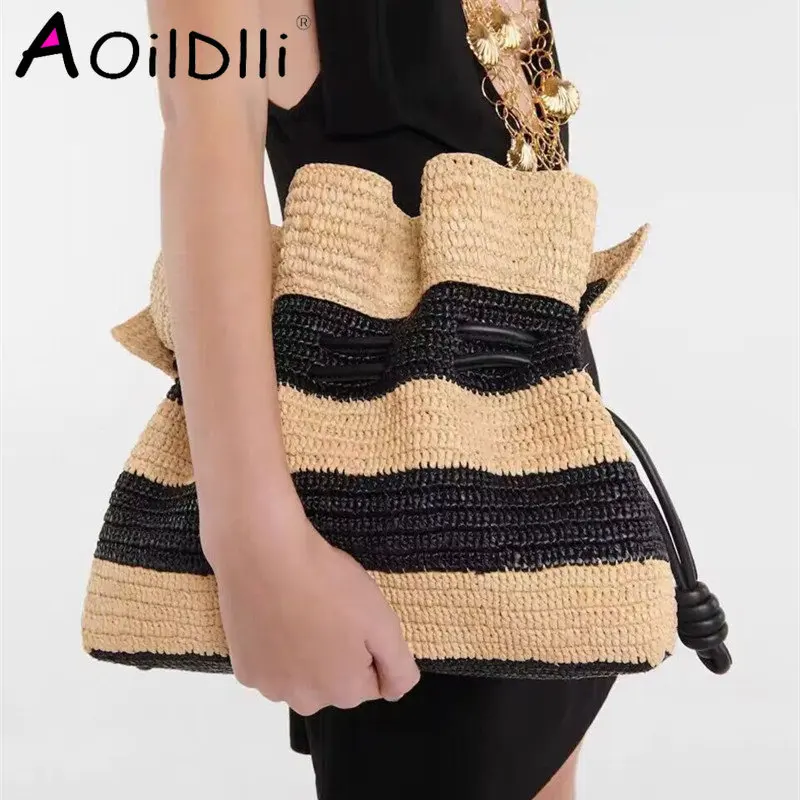 

Соломенная Сумка-тоут на одно плечо, закрытая женская сумка, новая полосатая вязаная сумка