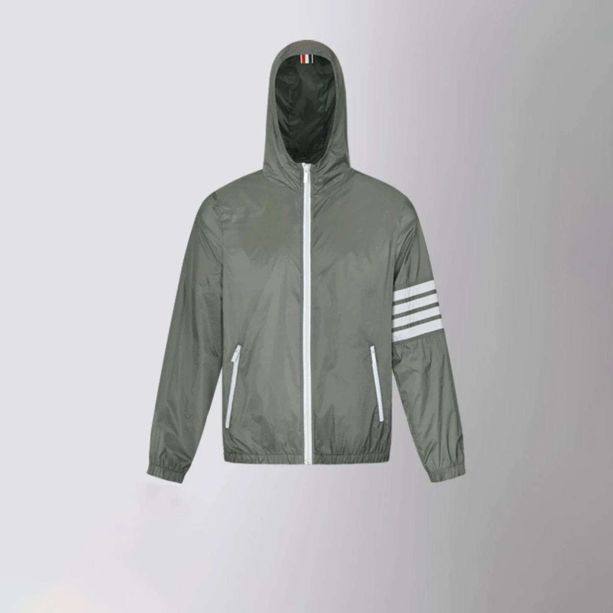 

Summer UPF 50+ Sun Protection Jacket Hooded Cooling Shirt with Pockets Hiking Outdoor Performance White 4-Bar Stripe Coats Male