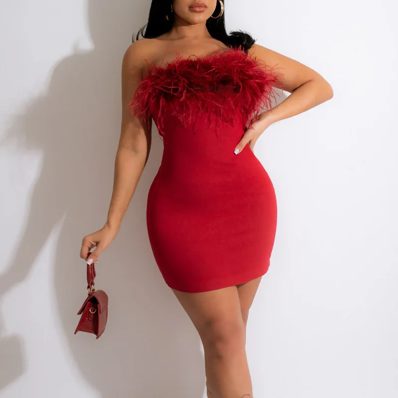 Women Bodycon Mini Dress Feather Sexy Strapless Sleeveless Backless Party Homecoming Dress Fashion Club Cocktail Dresses