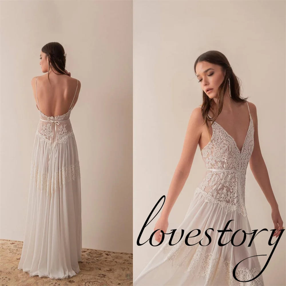 Фото Vestidos гражданское кружевное богемное пляжное свадебное платье на бретелях-спагетти для женщин 2024 халат Женское сексуальное свадебное платье №1