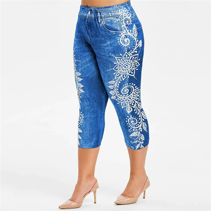 

Printed False Denim Short Leggings 3\4 Women Jeans Leggings High Waist Breeches Capri Pants Super Elastic Jeggings Plus Size 3XL