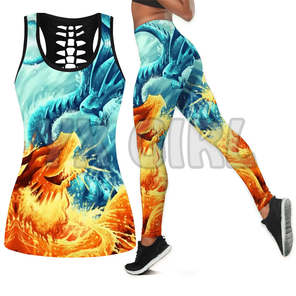 Ice And Fire Dragon  3D Printed Tank Top+Legging Combo Outfit Yoga Fitness Legging Women