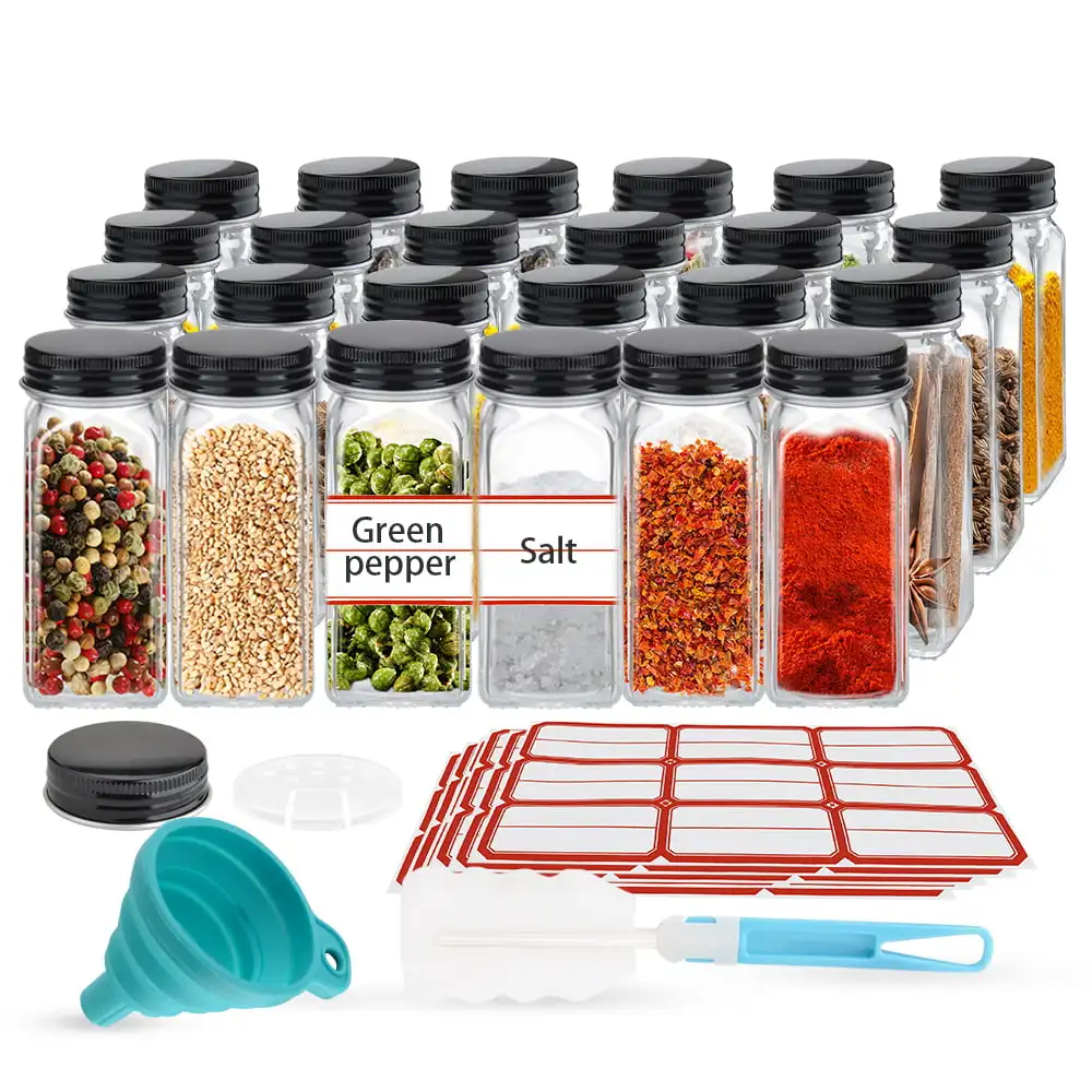 

Free Shipping Glass Spice Jars with Airtight Screw-on Covers Shaker Lids Brush Labels Collapsible Silicone Funnel, 4oz Empty Squ