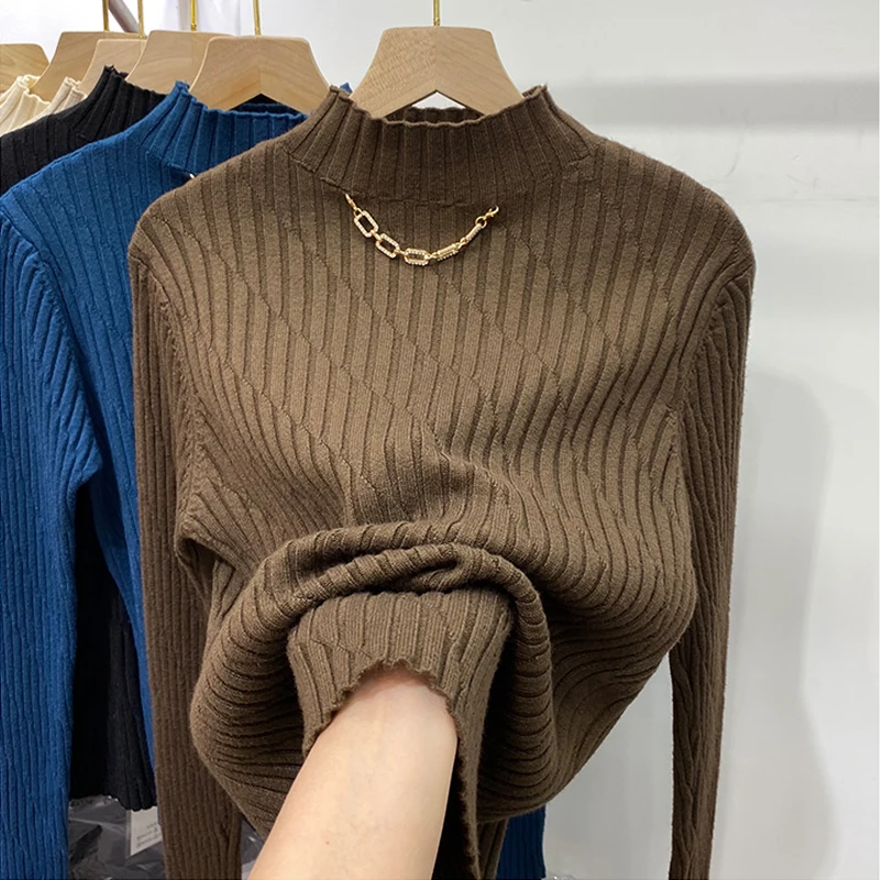 

Fashion Half Turtleneck Women Sweaters 2023 Autumn Winter Chain Pit Stripe Knitted Sweater Pullover Jumper Long Sleeve Top 28992