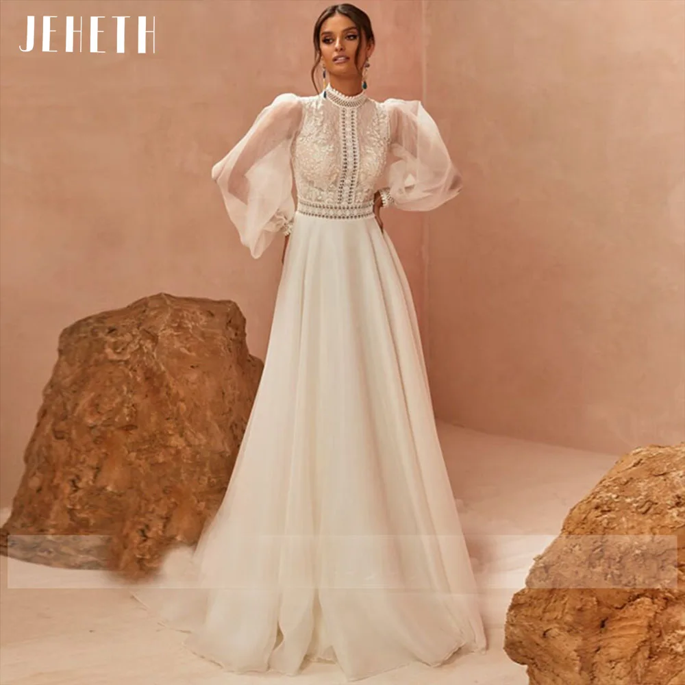 

JEHETH Romantic Long Puff Sleeves Tulle Wedding Dress Lace Appliques A-Line Bride Gown Sweep Train robe de mariée de mariage