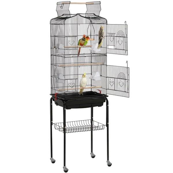 

64" Large Rolling Metal Bird Cage with Open Top, Black Easy cleaning