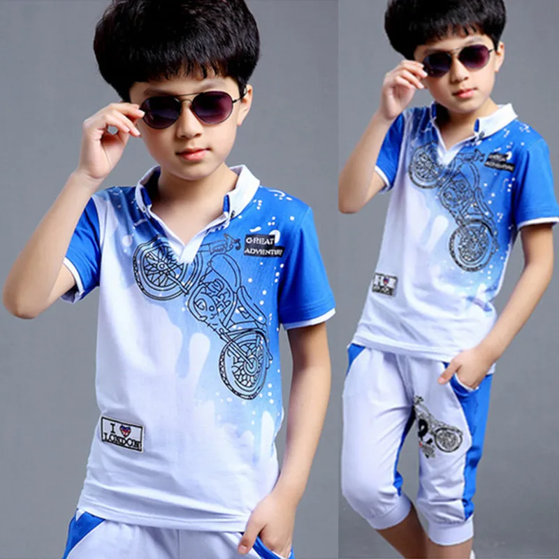 

5-16T Boy Fashion Casual Sport Suit Clothing Set Motorcycle Print Short Sleeve Knitted Children Teens Clothes 2023 Summer New