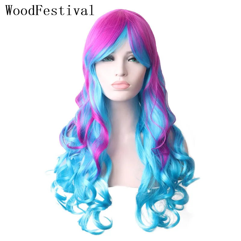 

Искусственные волосы для женщин WoodFestival, парики для косплея для женщин, волнистый парик с челкой, длинные синие, фиолетовые, розовые, зеленые,...