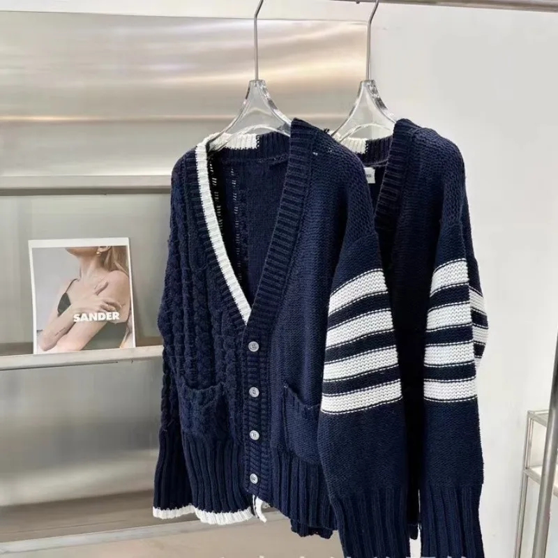 Classic Women Cardigan Cotton Fashion White Striped Men Sweaters Long Sleeve Button Spring Autumn Casual Fitted TB Knitwear