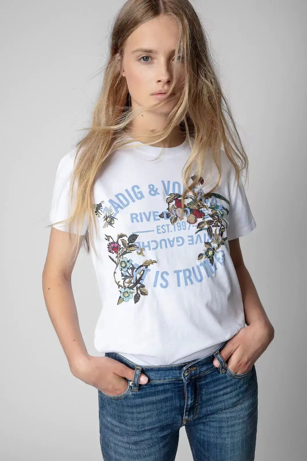 

Flowers Letter Print T-shirts Women Summer Fashion Short Sleeves Tees Tops Streetwear O-neck T-shirts Top 2023