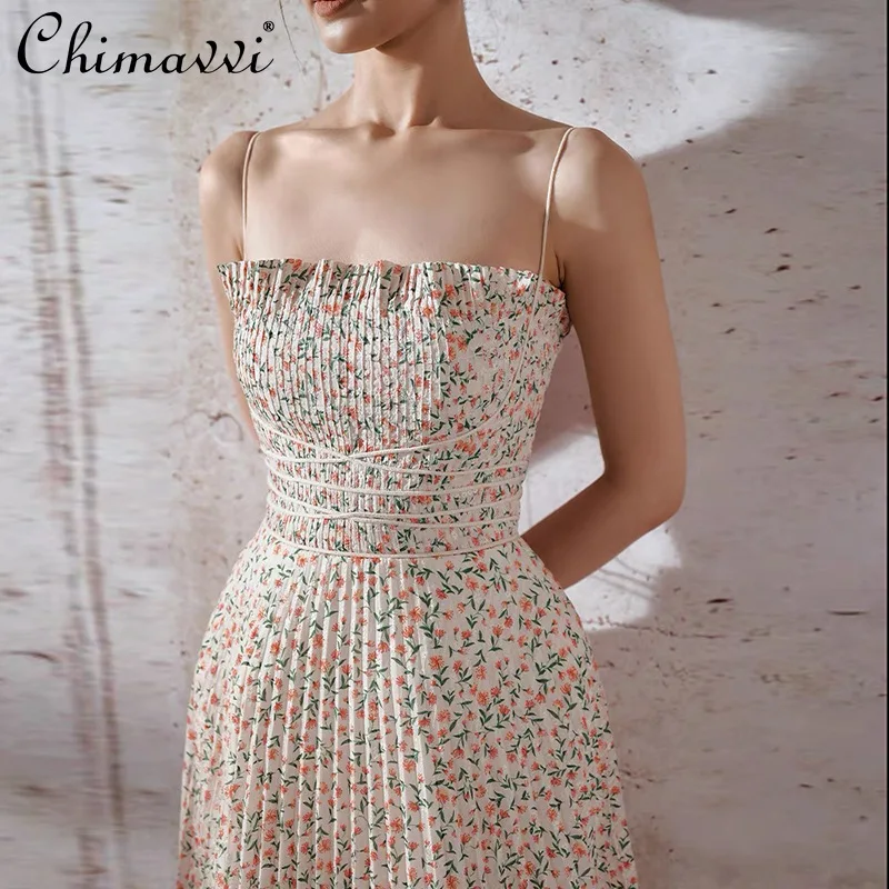 

Women's Fashion Sweet Floral Printed Short Pleated Dress 2022 Summer New High Waist Slimming Camisole Dress Female