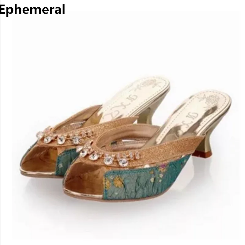 

Women Crystal Rhinestones Shoes Peep Toe Sandals Summer Slipper With Heels Flip Flops Sapatos Femininos De Salto Gold Blue 42 43