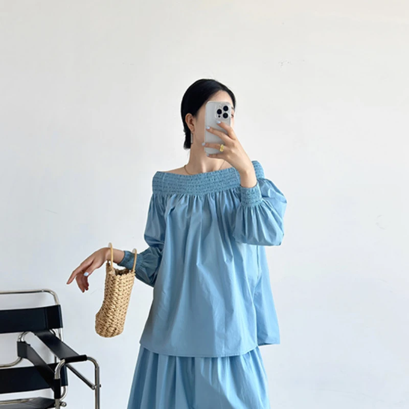 

2023 Summer New Blue Niche Design Puff Sleeve One-shoulder Women Shirt