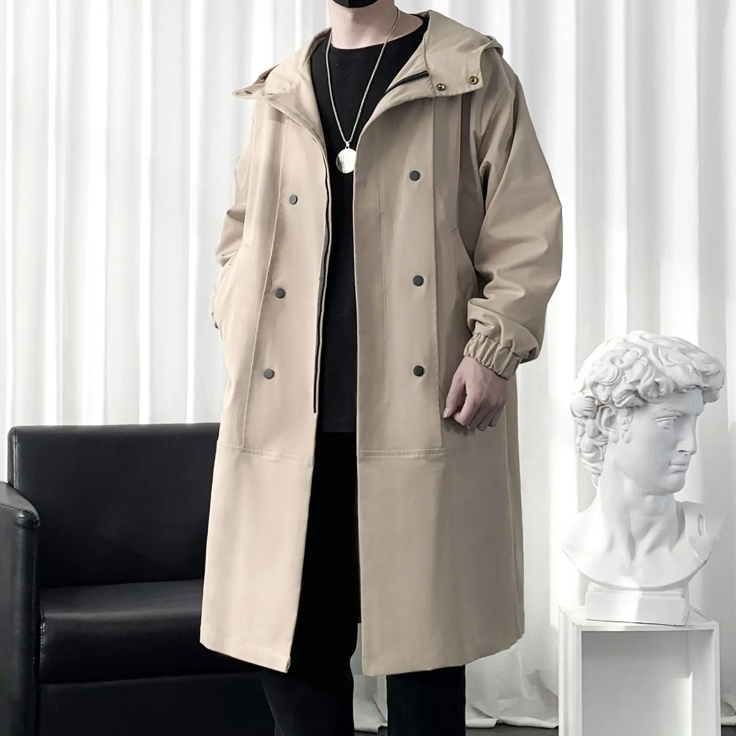 

Men's Wear Mid-length Trench Coat Solid Color Korean Handsome Oversize Autumn Knee-high Windbreaker Double Breasted W49