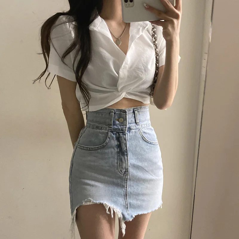 

2022 Summer New Women's High Waist Asymmetrical Tight Burr A Denim Skirt