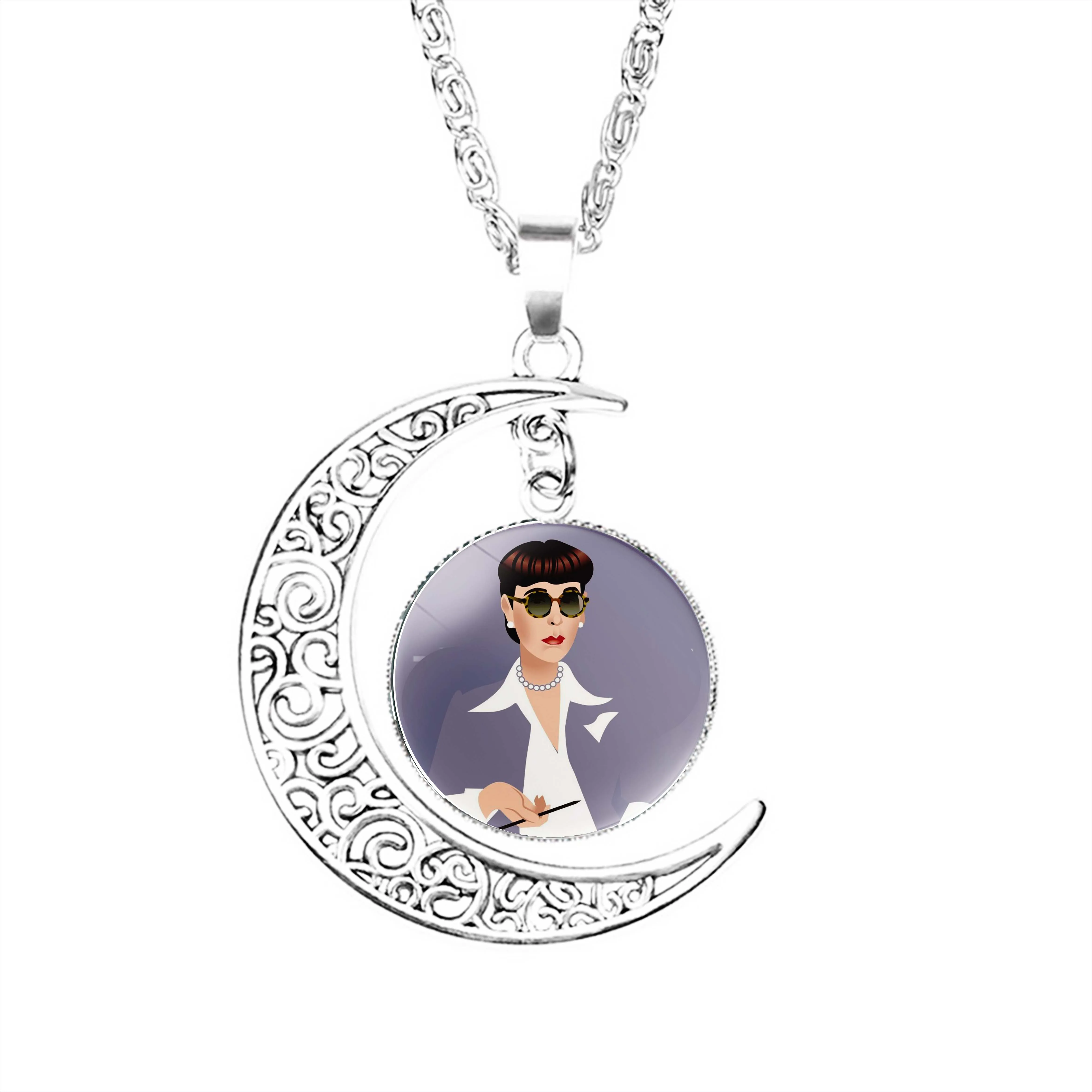 

Edith Head Moon Necklace Girls Pendant Jewelry Glass Charm Chain Gifts Lady Lovers Men Stainless Steel Boy Crescent Women