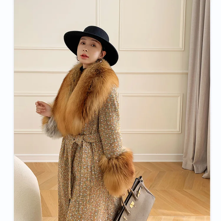 

Oversized Women Real Fox Fur Collar Tweed Coat High Quality Elegant Ladies Natural Red Fox Fur Jacket Outerwear