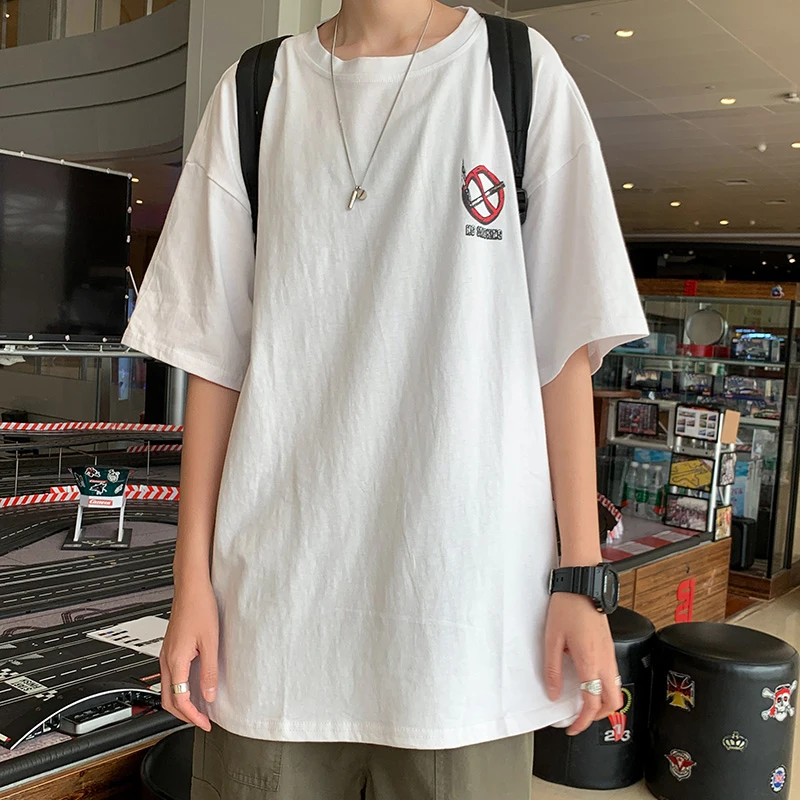 

Summer Cool Boys Quit Smoking Graphic Short Sleeve Men T Shirts Loose Students Fashion All-match Oversized Tops Tee Black White