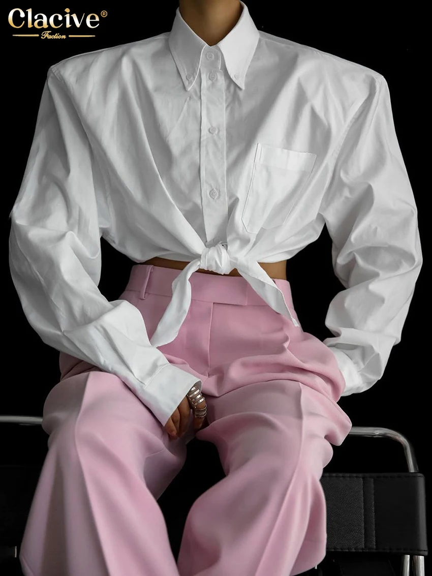 

Clacive Fashion White Woman Blouse 2023 Elegant Lapel Long Sleeve Shirts & Blouses Streetwear Lace-Up Crop Top Female Clothing