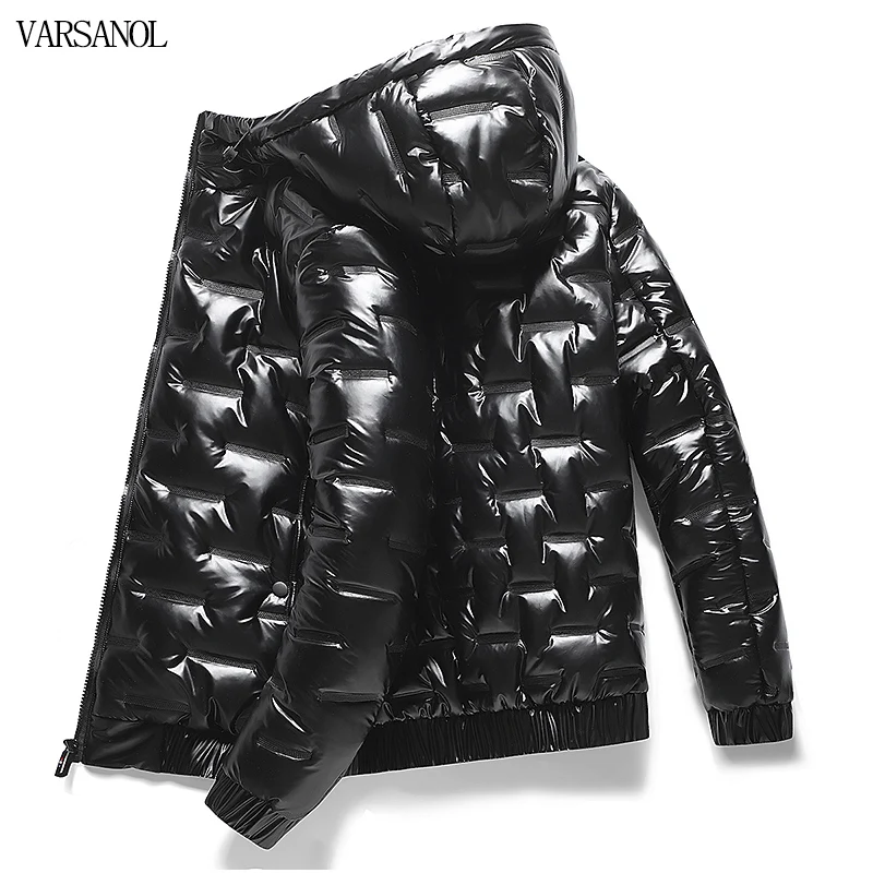 Varsanol Winter Hooded Parkas Men Windbreaker Fashion Thermal Coats Mens Thick Warm Glossy Black Jackets Outwear Men's Clothings