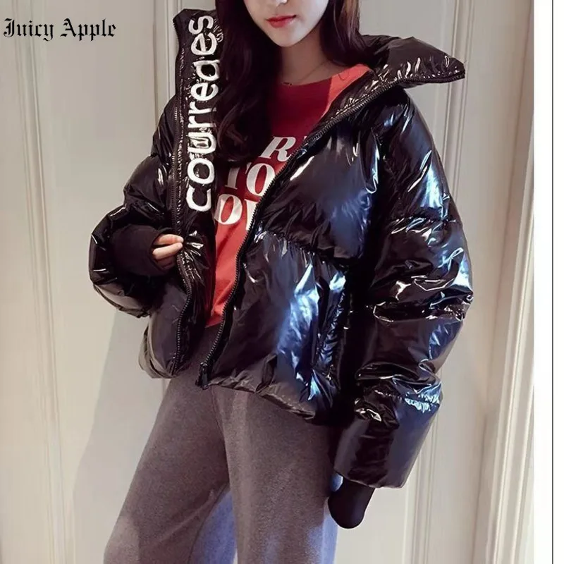 Long Sleeves Letter Embroidery Casual Short Coats Woman Winter 2022 Thick Fashion Jacket Streetwear Loose Solid Color Parka Coat