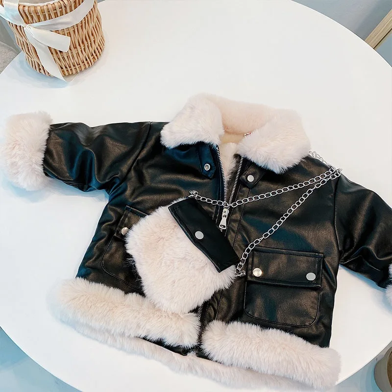 1-7Years Fashion Thick Chaqueta Outwear Warm Baby Clothes Baby Girl Boy Warm Winter PU Leather Jacket Child Faux Fur In One Coat