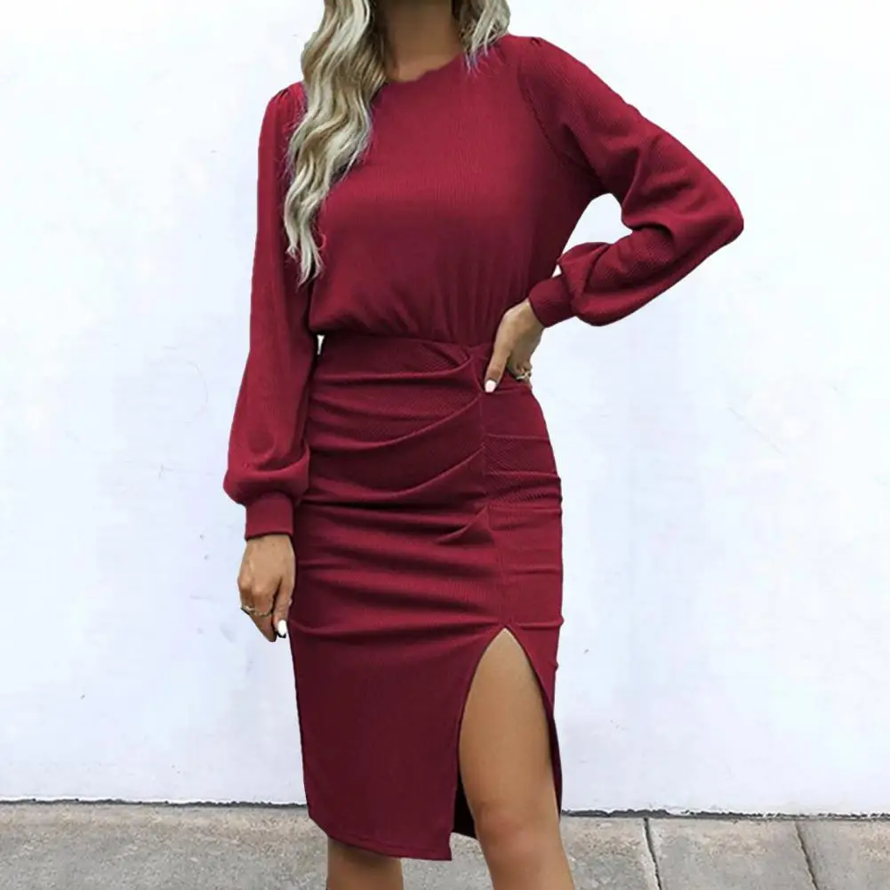 

O-neck Long Sleeves Waist Tight Hip Wrap Pleated Knitted Dress Autumn Winter Side Split Hem Ribbed Bodycon Dress Female Clothing
