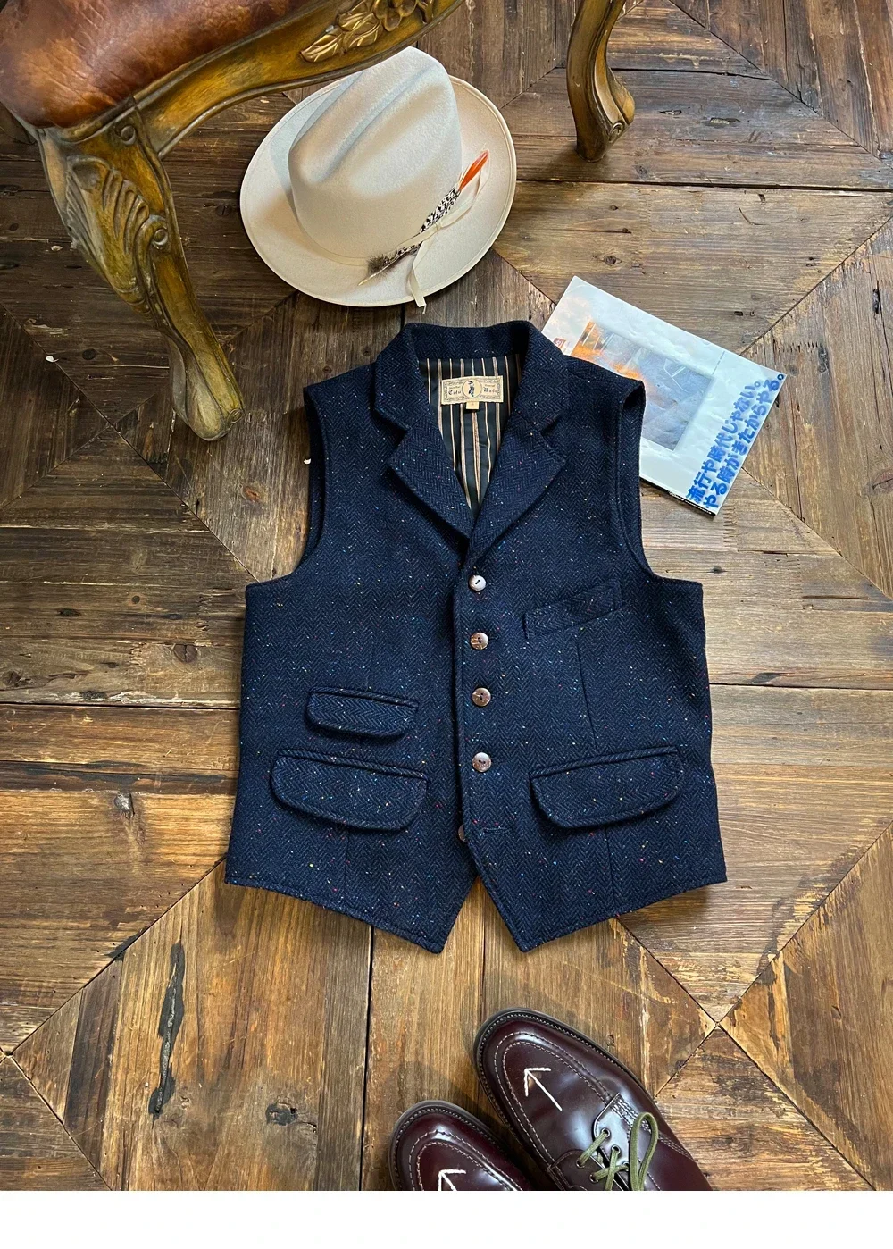 Тупая бритва Корея 85% тяжелая шерсть цветной твид в горошек 580 г винтажный жилет