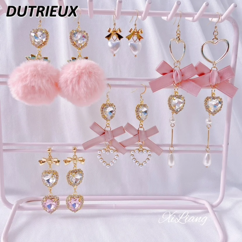 

Handmade Japanese Style Ear Clip Girl Bow Heart Shape Dangle Earrings Rhinestone Mine Mass-Produced Lolita Ear Studs Earring
