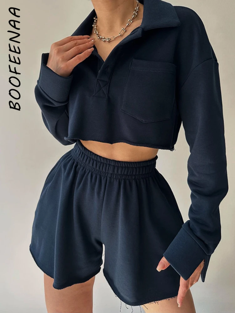 

BOOFEENAA Tracksuit Two Piece Set Long Sleeve Crop Top Hoodies Shorts Casual Outfits Fall 2023 Fashion Women Clothing C69-EF53