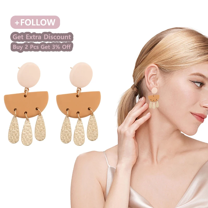 

Polymer Clay Stud Earring for Women Girls Fashion Geometric Semicircle Shape Tassel Metal Dangle Unusual Earrings Jewelry