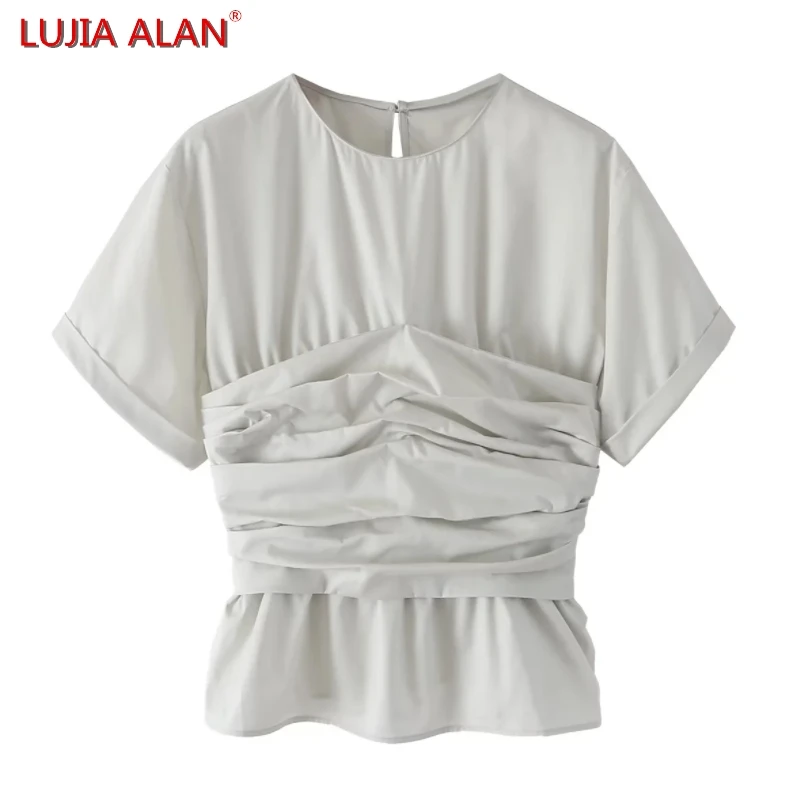 

New Women Pleated Slim Blouse Female O-neck Short Sleeve Shirt Casual Solid Color Tops LUJIA ALAN B1661
