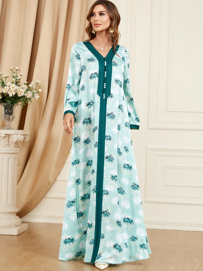 Ramadan Eid Fashion Modest Dress For Woman V-Neck Lace Tape Button Print Muslim Dresses Long Sleeve Abaya Turkey New 2023