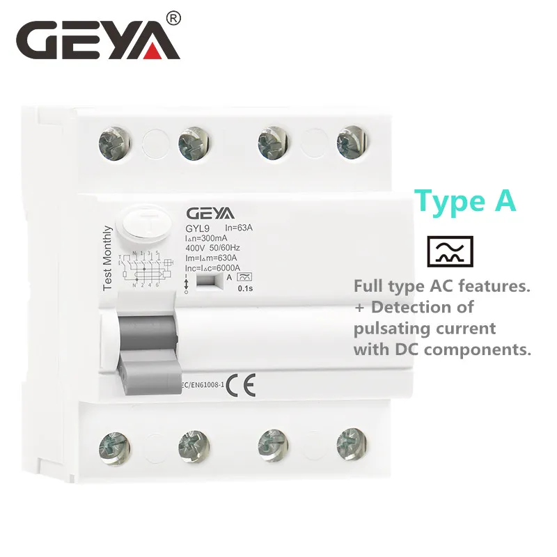 

Электромагнитный автоматический выключатель остаточного тока GEYA типа A RCD ELCB 3P + N 40A 63А ELCB обнаруживает пульсирующий остаточный ток постоянного тока