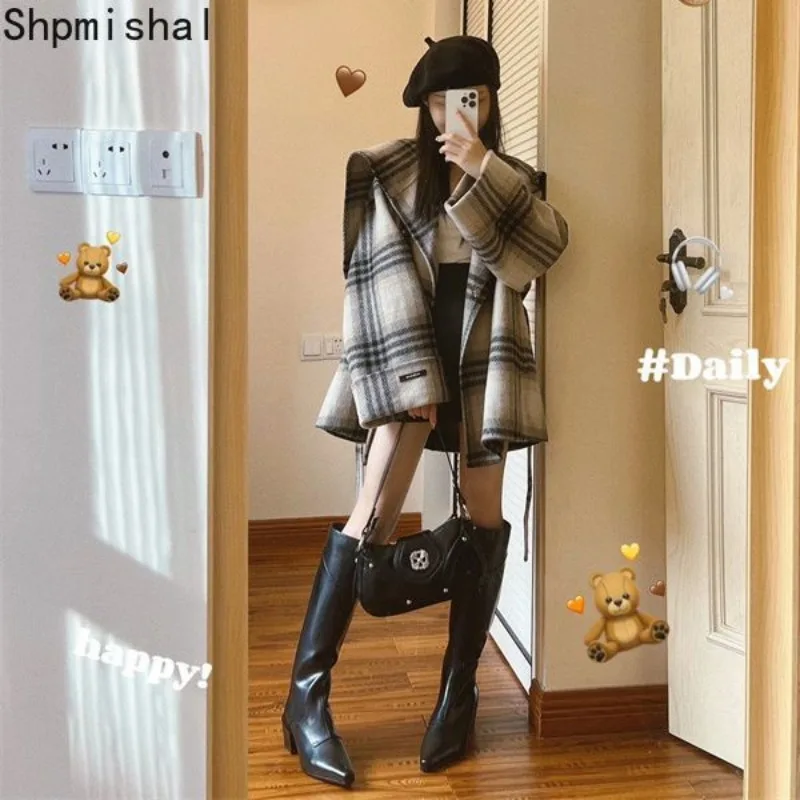 Зимнее Новое утолщенное винтажное шерстяное пальто в клетку для женщин