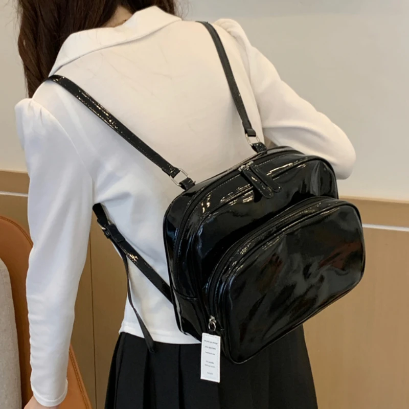 Black Patent Leather Backpack for Women College Style Girls Book School Bag with Zipper Casual Female Small Shoulder Bags