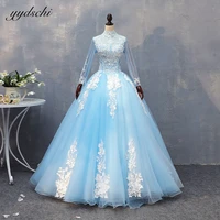 sky blue high neck ball gown long sleeves tulle appliques evening dresses quinceanera shiny pearls beaded party prom gowns 2022